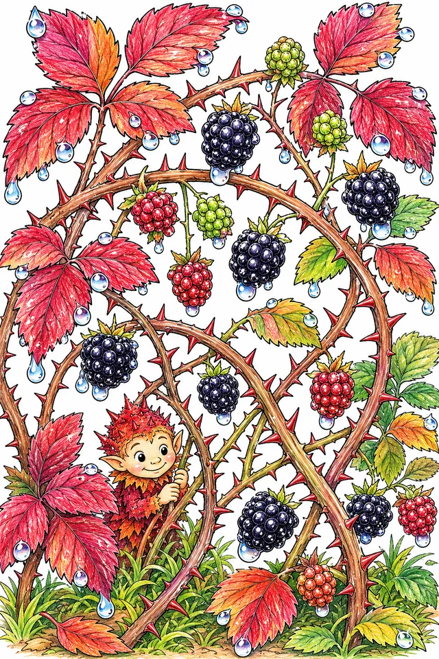 Ausmalbild: Detaillierte Brombeeren-Botanik mit Beeren in verschiedenen Reifestadien nach Herbstregen
