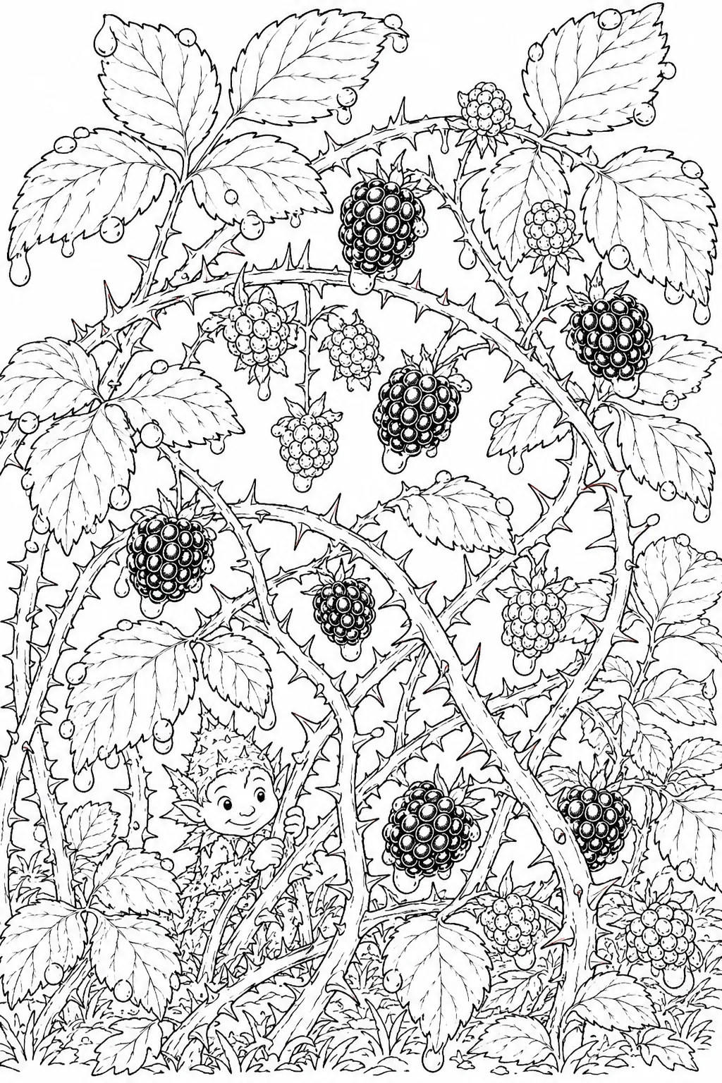 Ausmalbild: Detaillierte Brombeeren-Botanik mit Beeren in verschiedenen Reifestadien nach Herbstregen