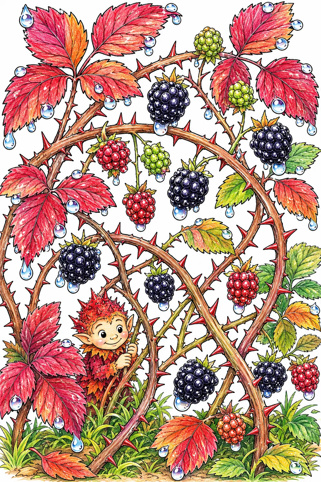 Herbst-Brombeer-Botanik-Studie: Ranken mit letzten Beeren und Herbstregen-Tautropfen
