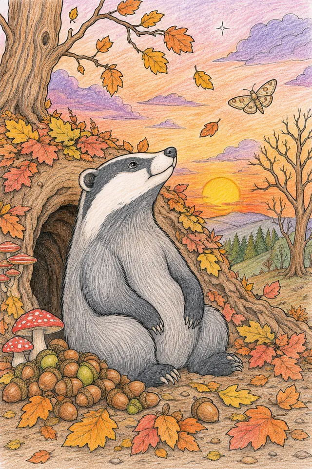涂色页：坐在最后秋天日落时獾穴入口外的獾精灵