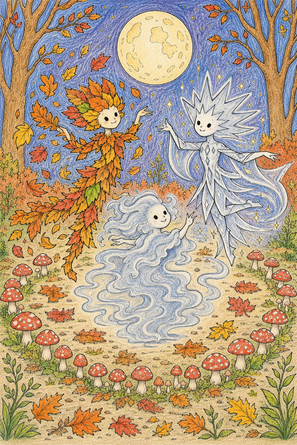 Autumn Spirit Dance in the Moonlit Night: Three Nature Spirits Dancing in the Forest Clearing