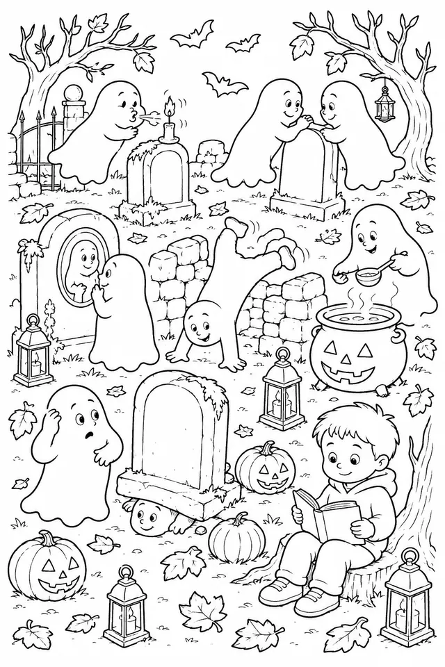 Herbst-Friedhof-Wimmelbild: Freundliche Geister feiern ihr jährliches Herbstfest