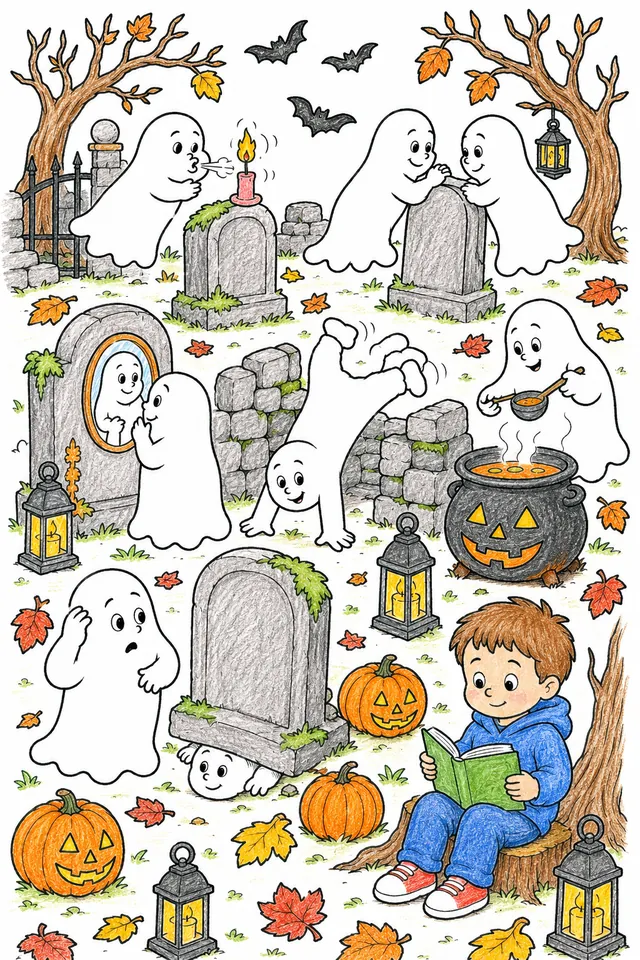 Ausmalbild: Freundlicher Herbst-Friedhof mit feiernden Geistern und 7 versteckten lustigen Szenen