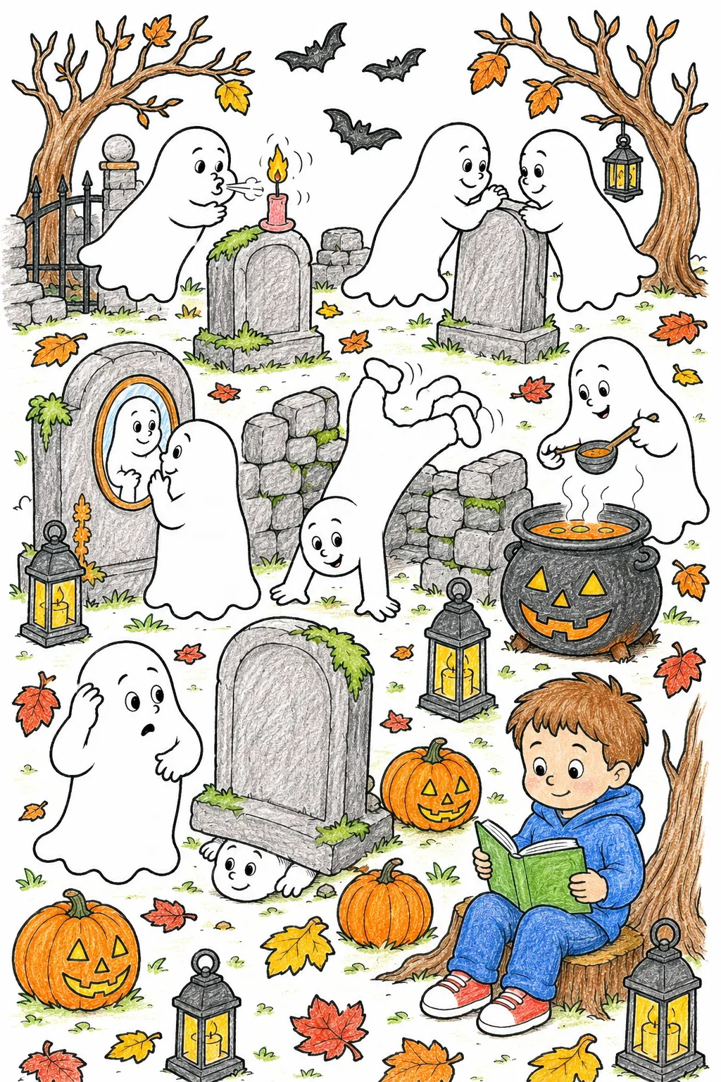 Herbst-Friedhof-Wimmelbild: Freundliche Geister feiern ihr jährliches Herbstfest