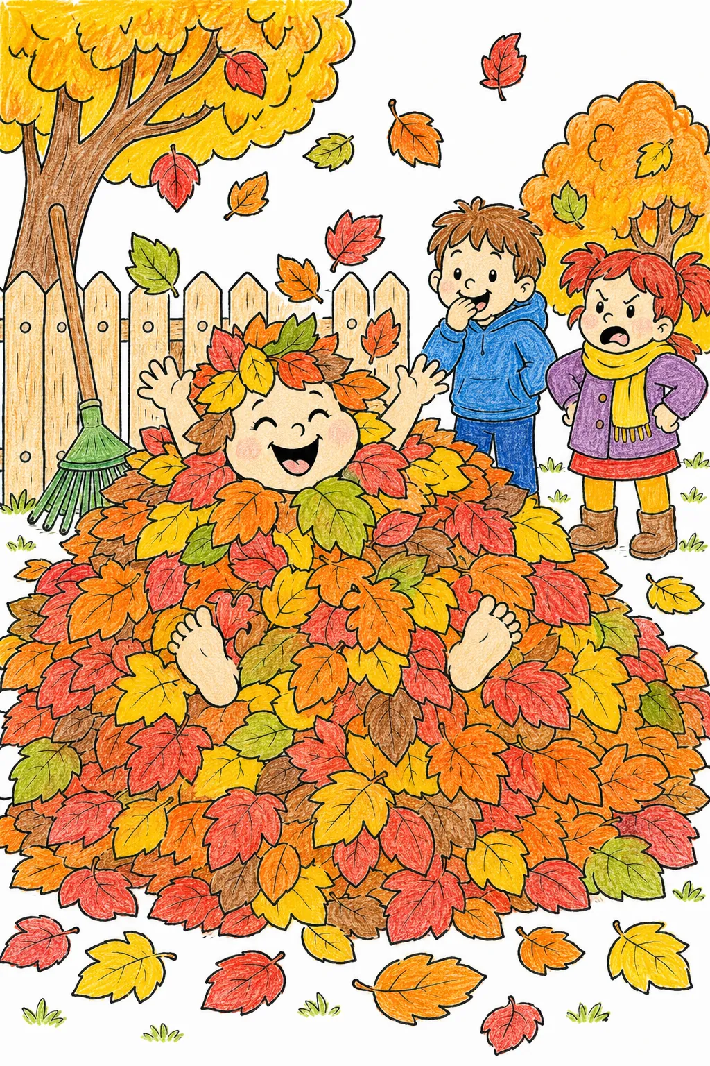 Herbst-Laub-Geist badet selig im riesigen Laubhaufen den Kinder aufgehäuft haben