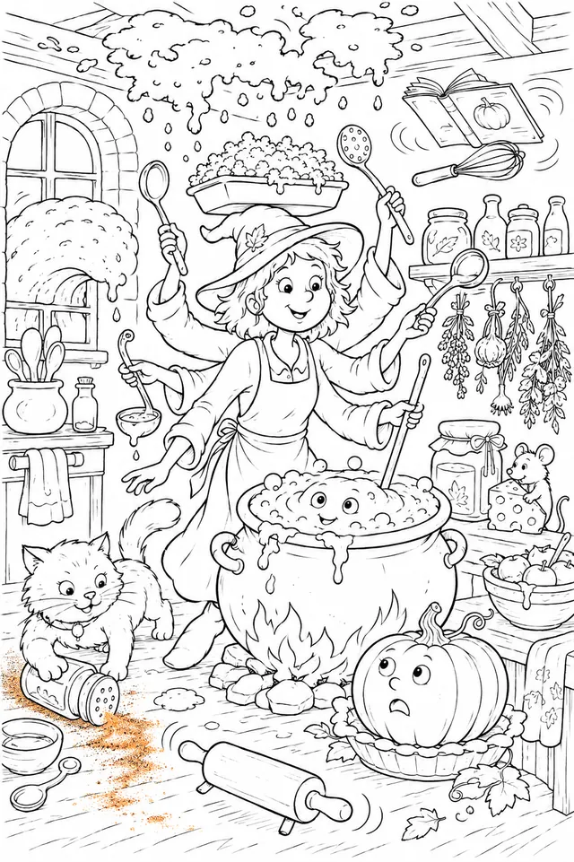 Herbst-Küchen-Wimmelbild: Der Herbst-Hexen-Geist kocht 10 Gerichte gleichzeitig