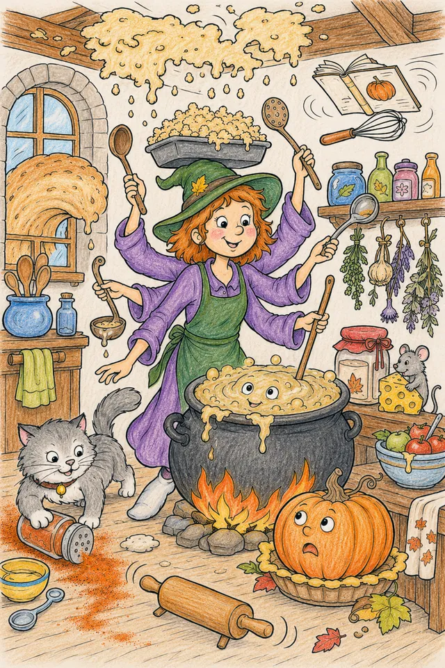 Ausmalbild: Herbst-Hexen-Küche im Chaos mit 9 versteckten Wimmelbild-Szenen
