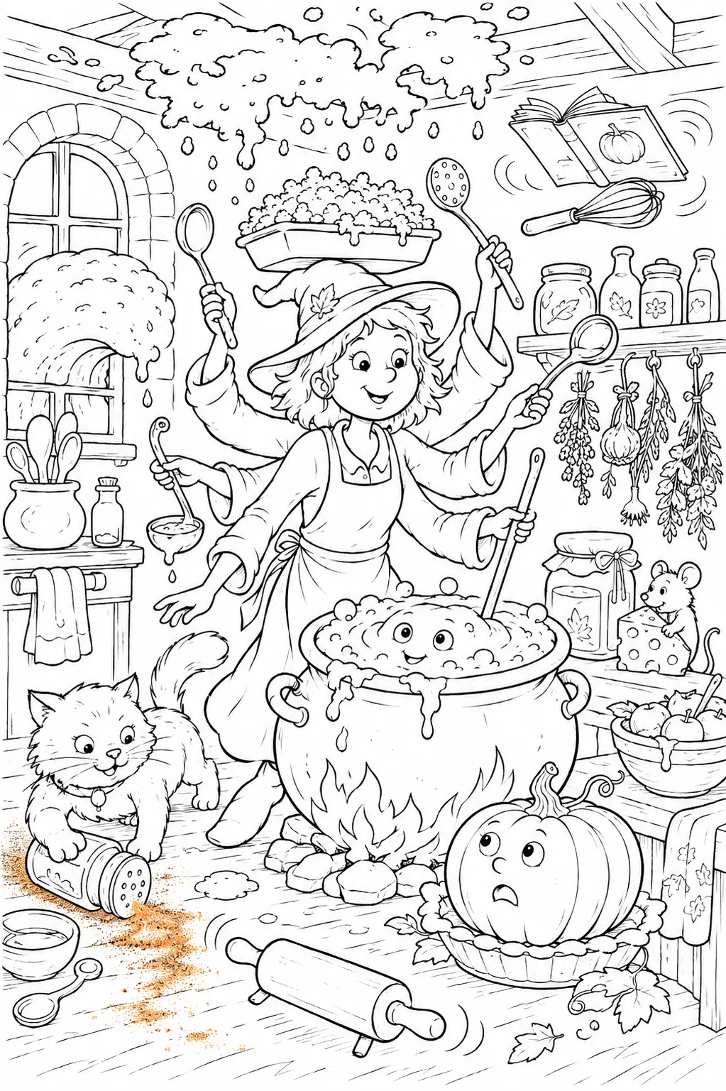 Ausmalbild: Herbst-Hexen-Küche im Chaos mit 9 versteckten Wimmelbild-Szenen