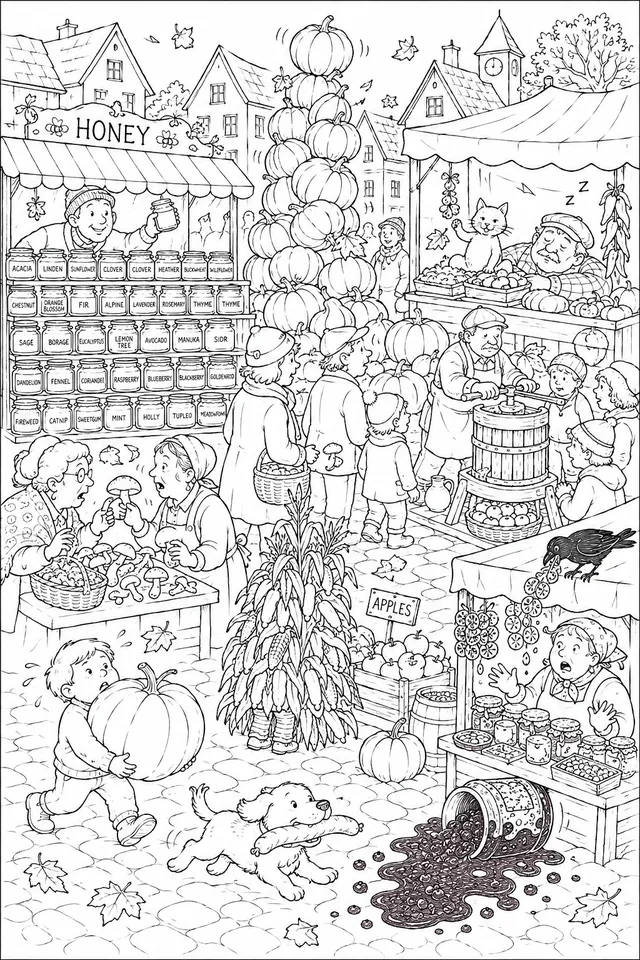 Herbst-Wochenmarkt-Wimmelbild: Der große Erntemarkttag mit allem was der Herbst bietet