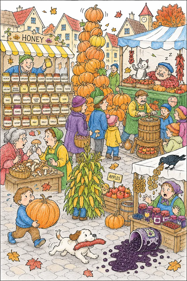 Ausmalbild: Belebter Herbst-Erntemarkttag-Wimmelbild mit Ständen und 10 versteckten Szenen
