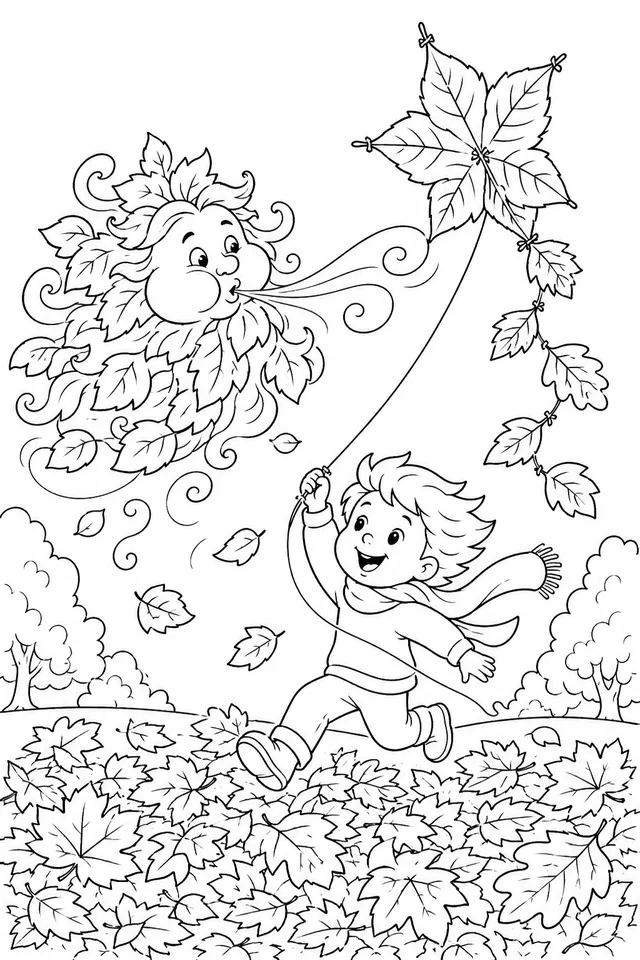 Herbst-Wind-Geist hilft dem Kind seinen Laub-Drachen in die Herbstluft zu steigen