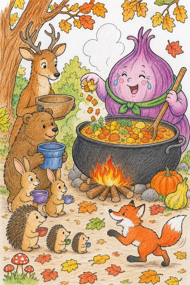 Herbst-Zwiebel-Geist kocht die große Herbstsuppe für alle Waldtiere – So könnte es aussehen