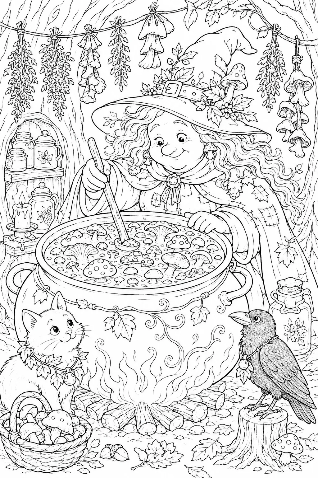 Ausmalbild: Freundliche Herbst-Hexe rührt Pilzsuppe in Kessel mit Katze und Krähe als Zuschauer