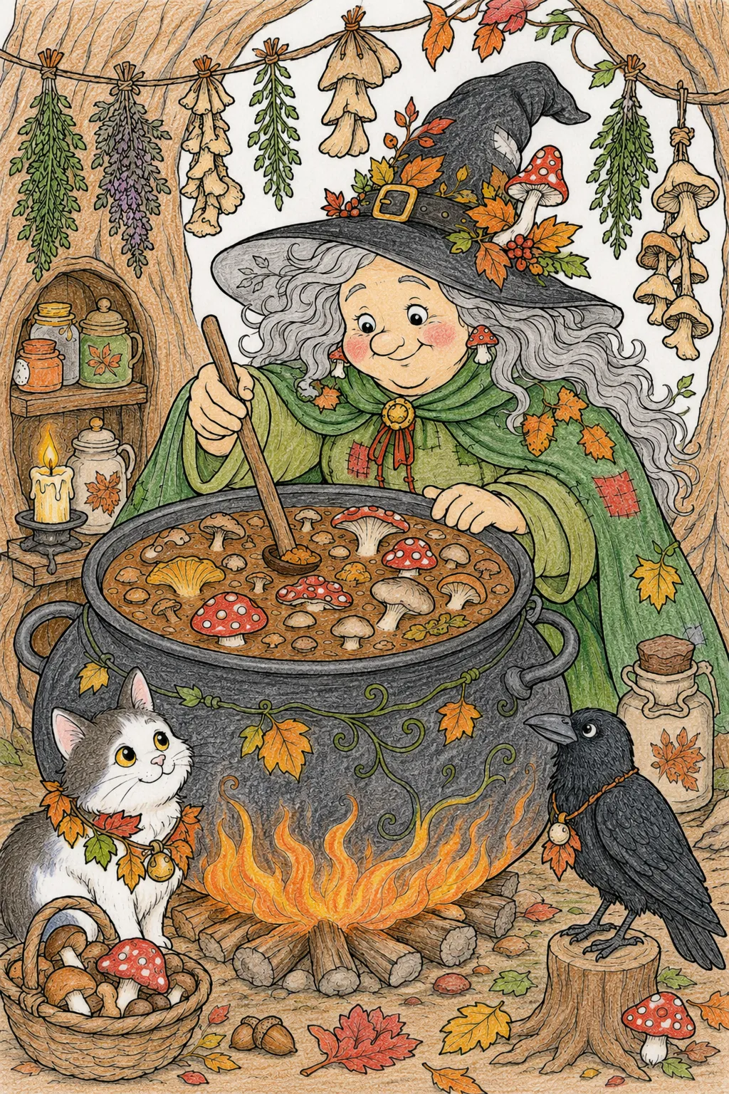 Herbst-Hexe kocht dampfende Waldpilz-Suppe in ihrem uralten Kessel