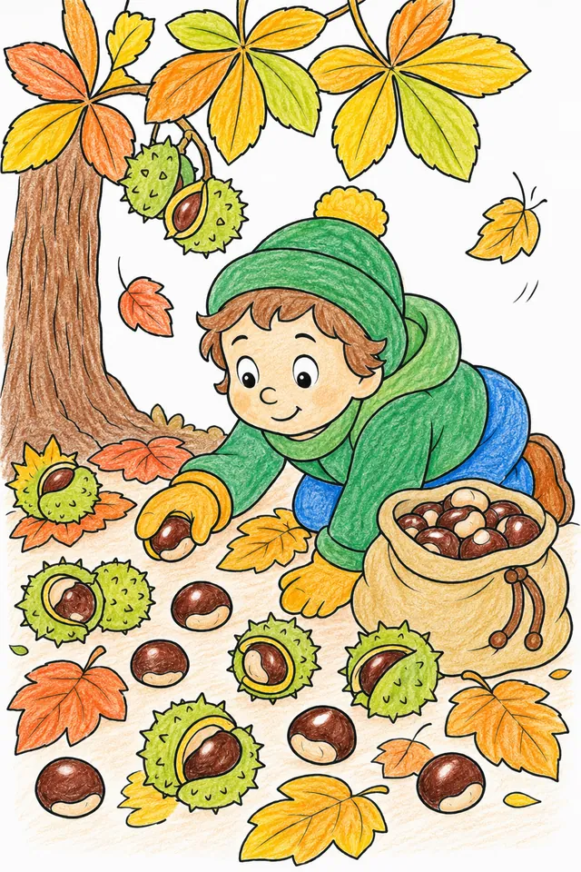 Ausmalbild: Kind auf Knien sammelt glänzende Kastanien zwischen stacheligen Hüllen im Herbstwald