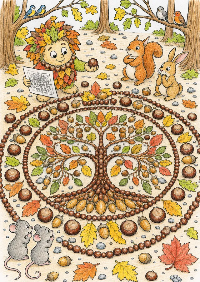秋天栗子精灵在森林地面上创作一幅巨大的栗子马赛克艺术作品 – 涂色效果预览