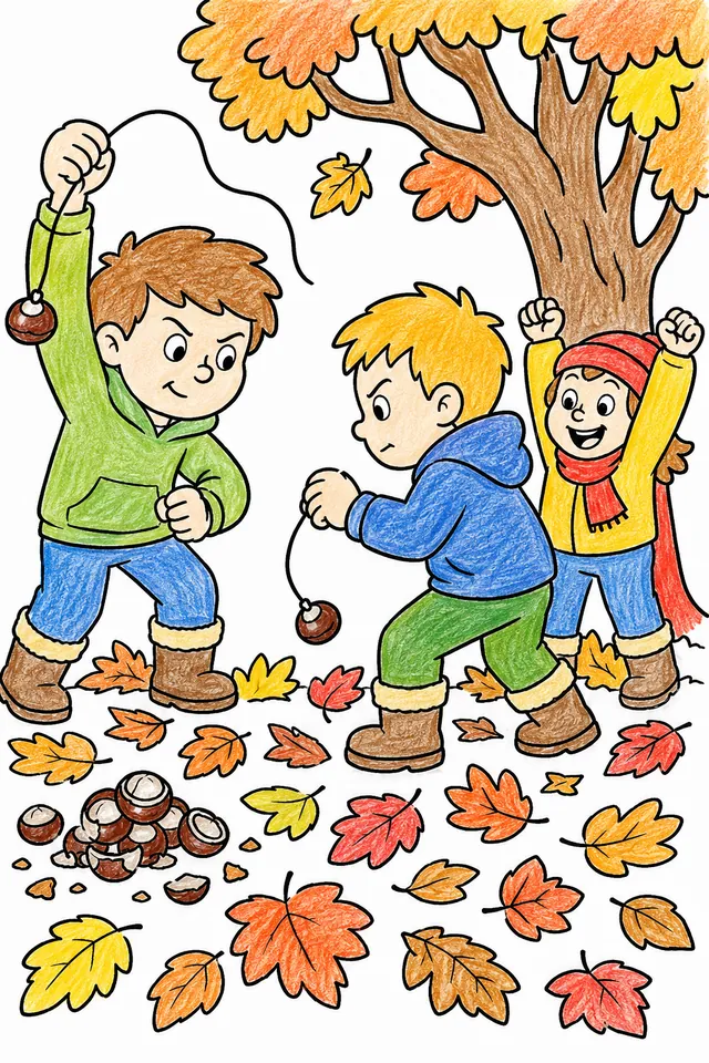 Ausmalbild: Kinder spielen Konker-Kastanien-Spiel in buntem Herbstlaub