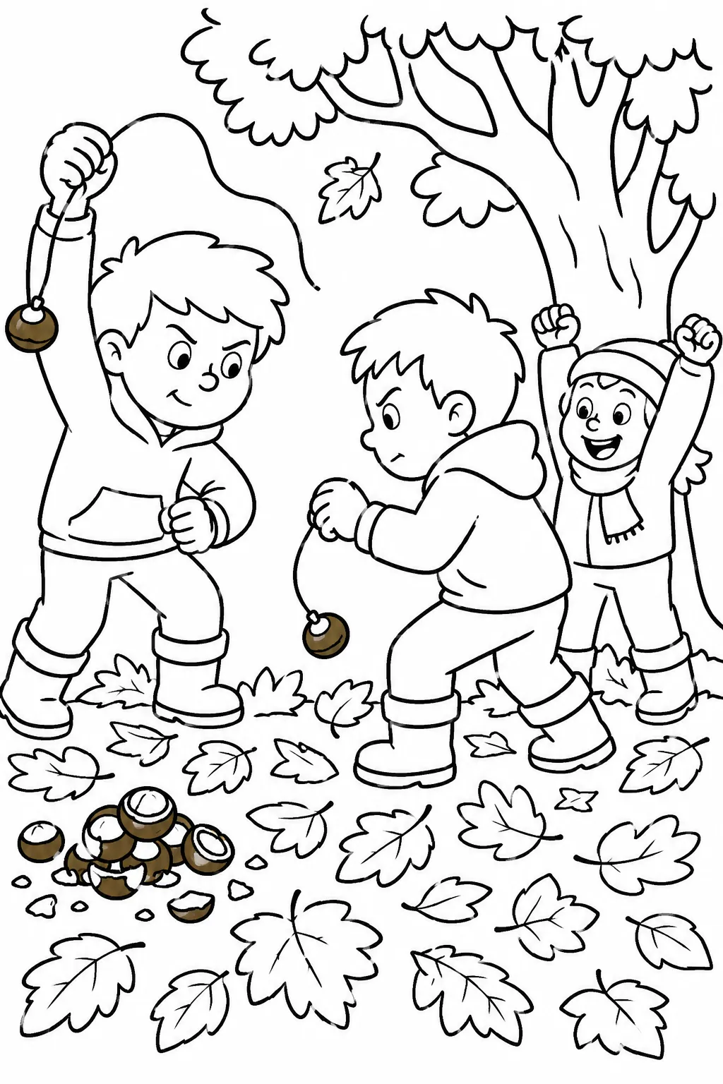 Ausmalbild: Kinder spielen Konker-Kastanien-Spiel in buntem Herbstlaub