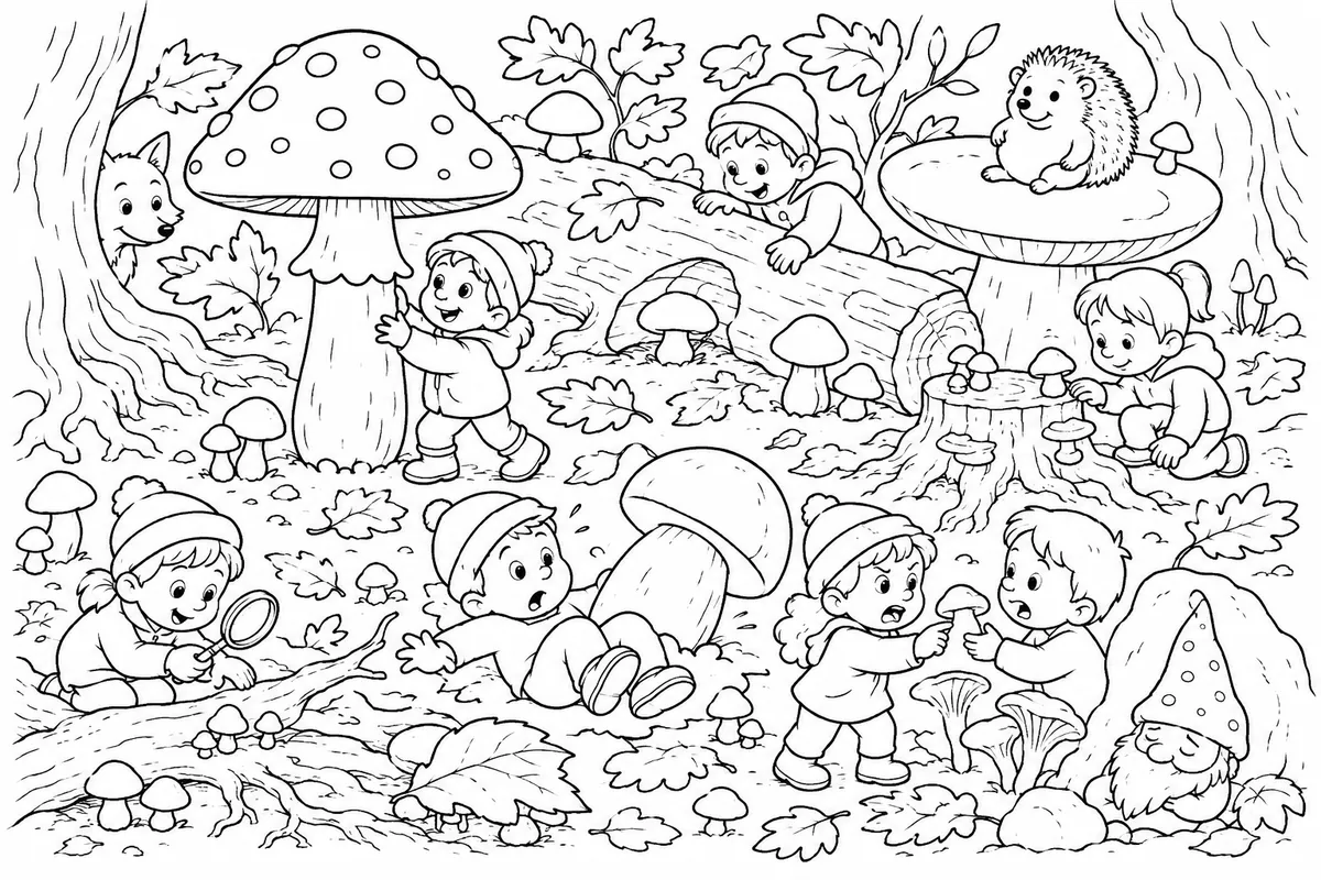 Ausmalbild: Kinder und Waldtiere entdecken Pilze im Herbstwald-Wimmelbild