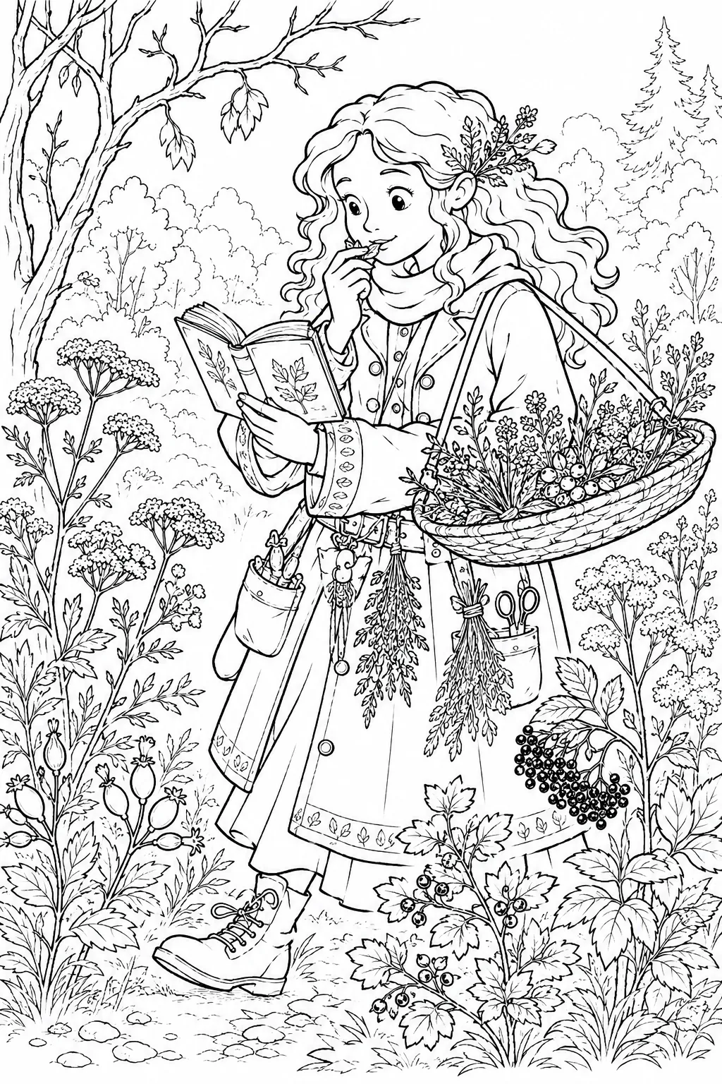 Coloring page: herb collector spirit examining herbs at forest edge with book and basket