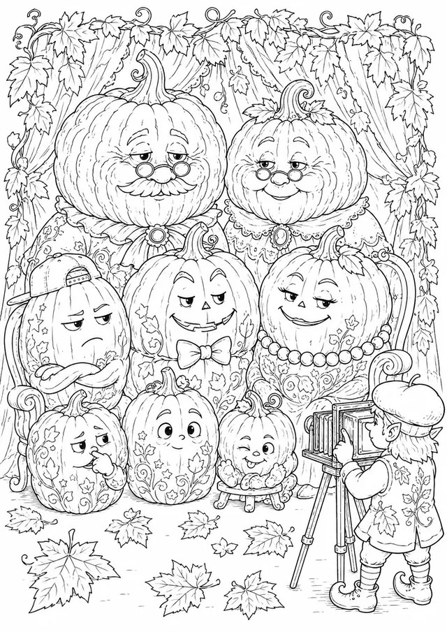 Kürbis-Familie posiert steif und stolz für ihr jährliches Herbst-Familien-Portrait