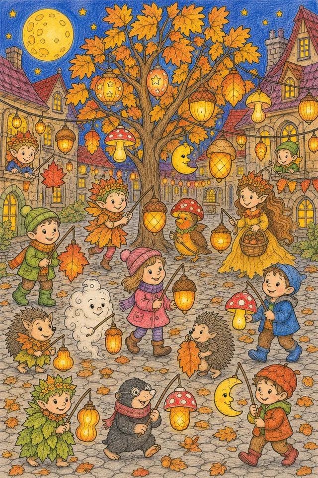 Ausmalbild: Herbst-Laternen-Fest mit Naturgeistern und Kindern am Dorfplatz unter Erntemond