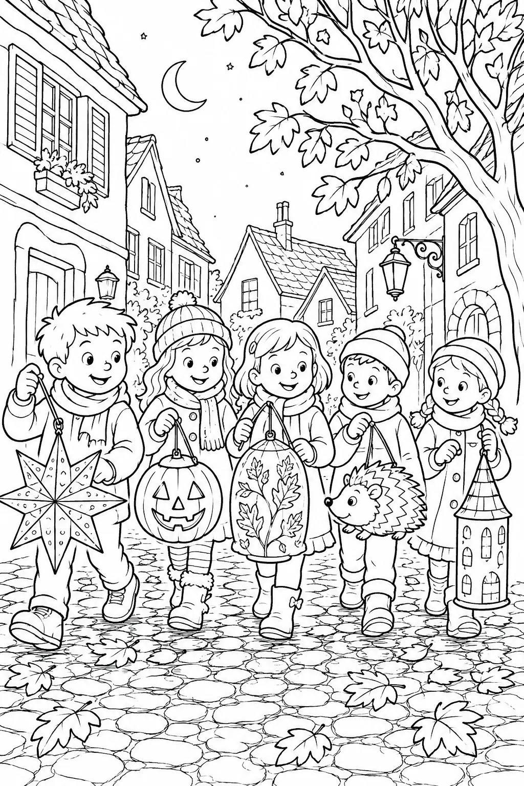 Ausmalbild: Fünf Kinder mit verschiedenen selbstgebastelten Laternen im Herbst-Laternenumzug auf Kopfsteinpflaster