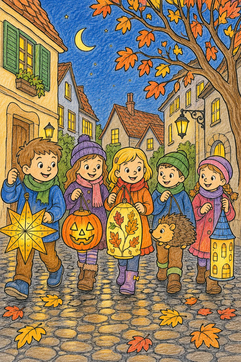 Herbst-Laternenumzug: Kinder tragen selbstgebastelte Laternen durch die Abendgassen