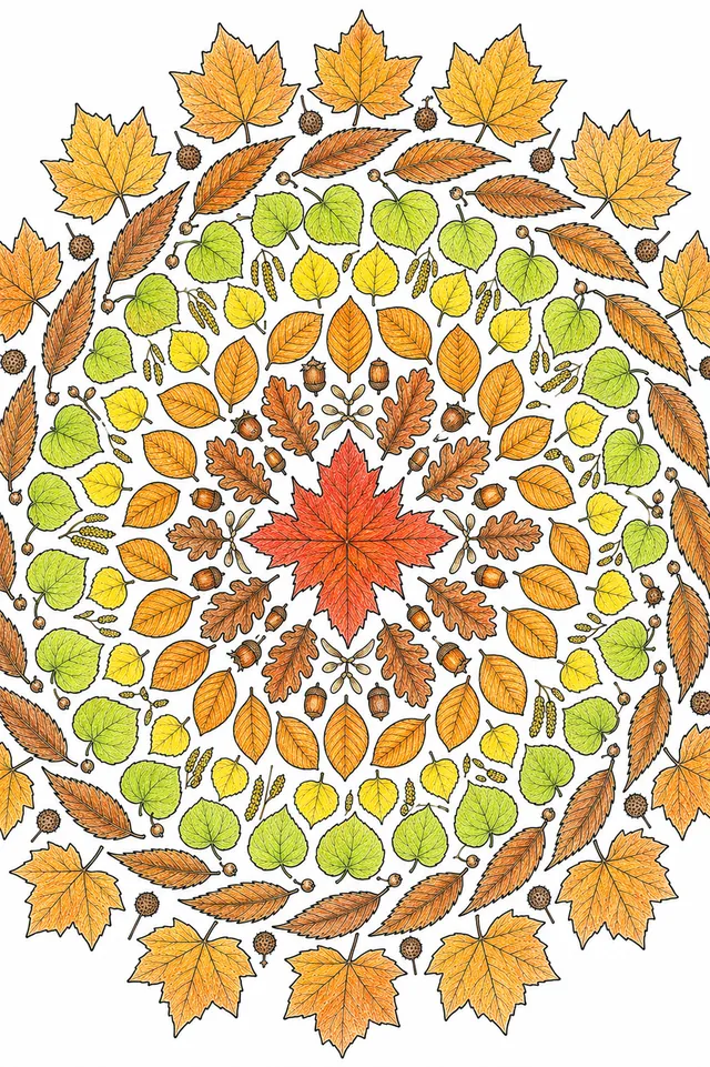 Ausmalbild: Detailliertes Herbst-Laub-Mandala mit 7 Baumarten in konzentrischen Ringen in Herbstfarben