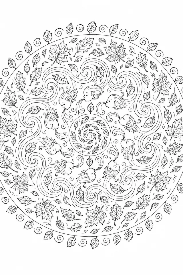 Herbst-Wind-Spirale-Mandala: Tanzende Blätter und Windgeister im großen Spiralkreis