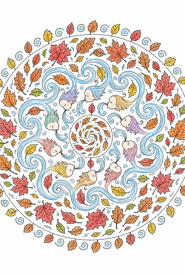 Ausmalbild: Symmetrisches Herbst-Wind-Mandala mit spiralenden Blättern und Windgeister-Gesichtern