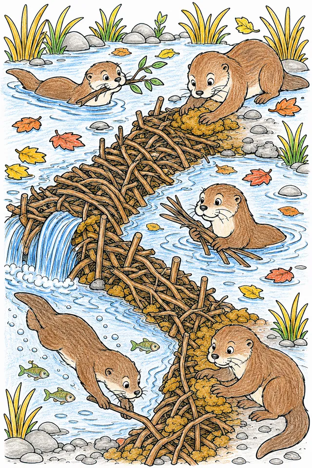 水獭精灵在秋天河岸上勤劳地建造冬天水坝 – 涂色效果预览