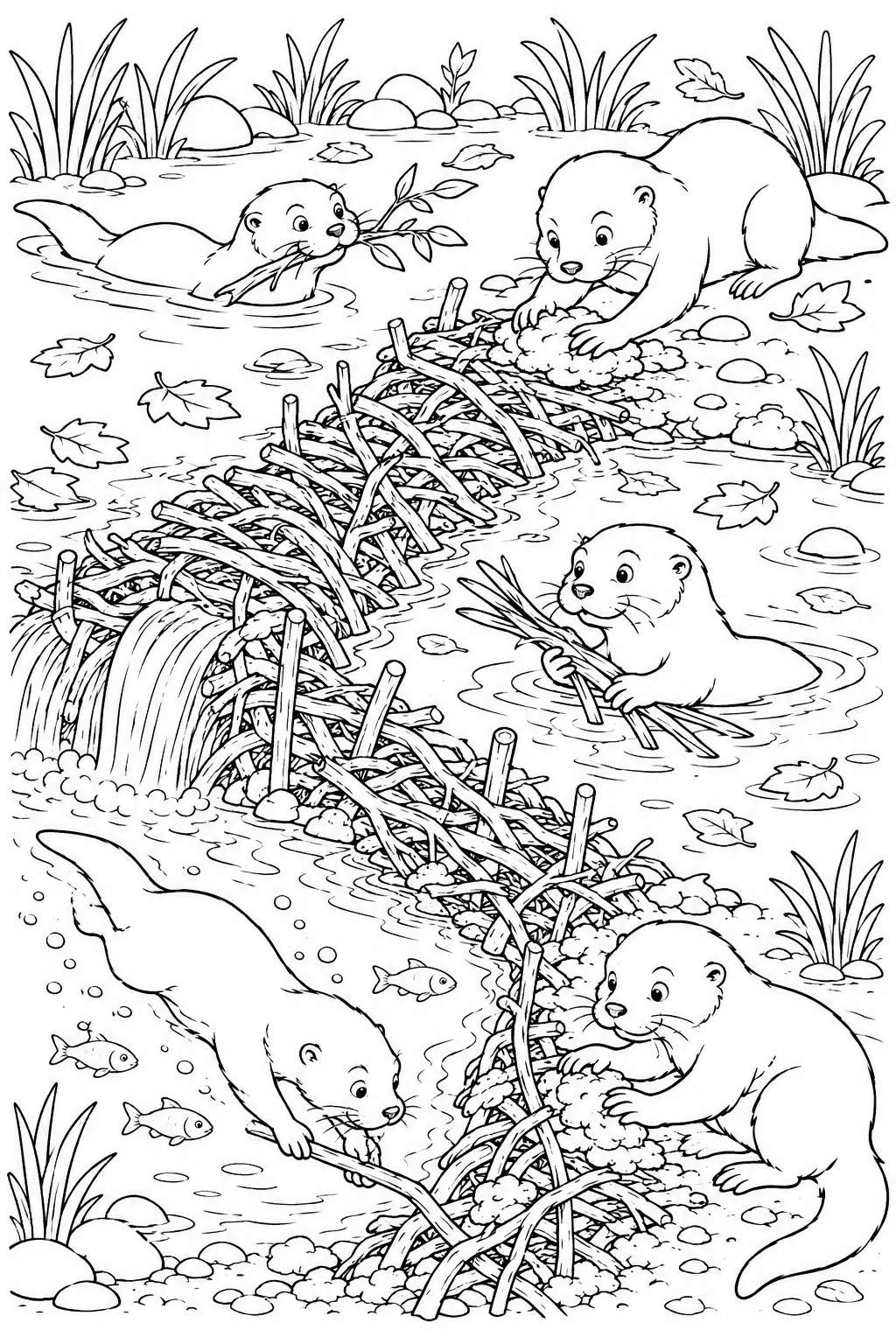 涂色页：勤劳的水獭精灵在秋天小溪中用树枝和泥土建造冬天水坝