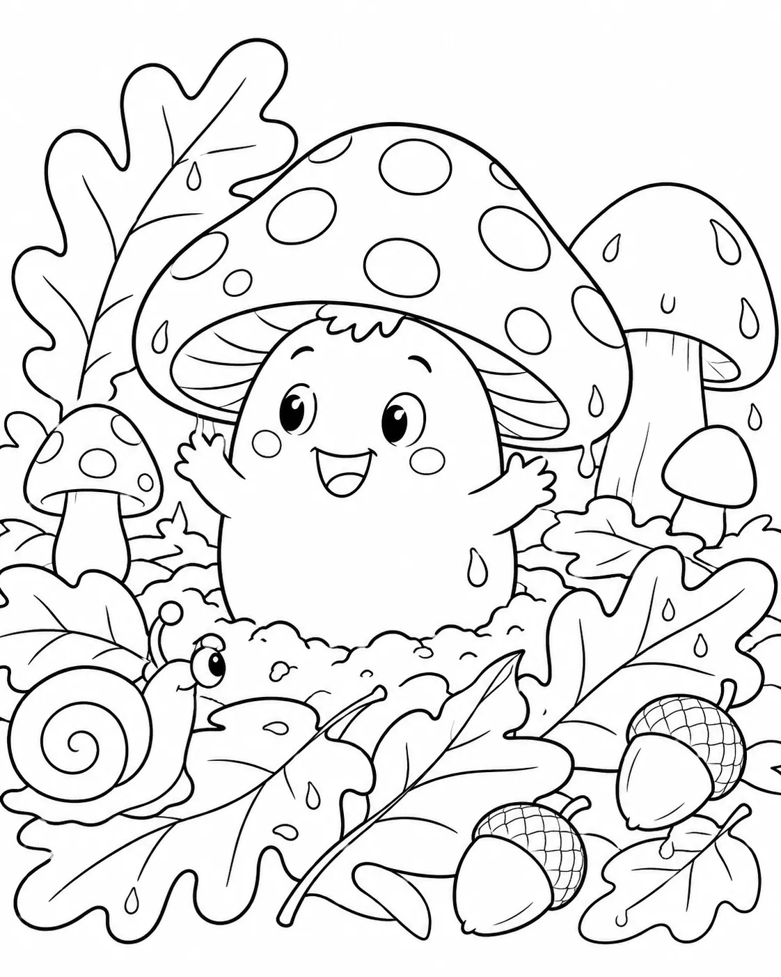 Ausmalbild: Kleiner Pilzgeist mit rotem Hut schaut verblüfft aus einer Herbst-Waldbodenlücke, Schnecke schaut zu