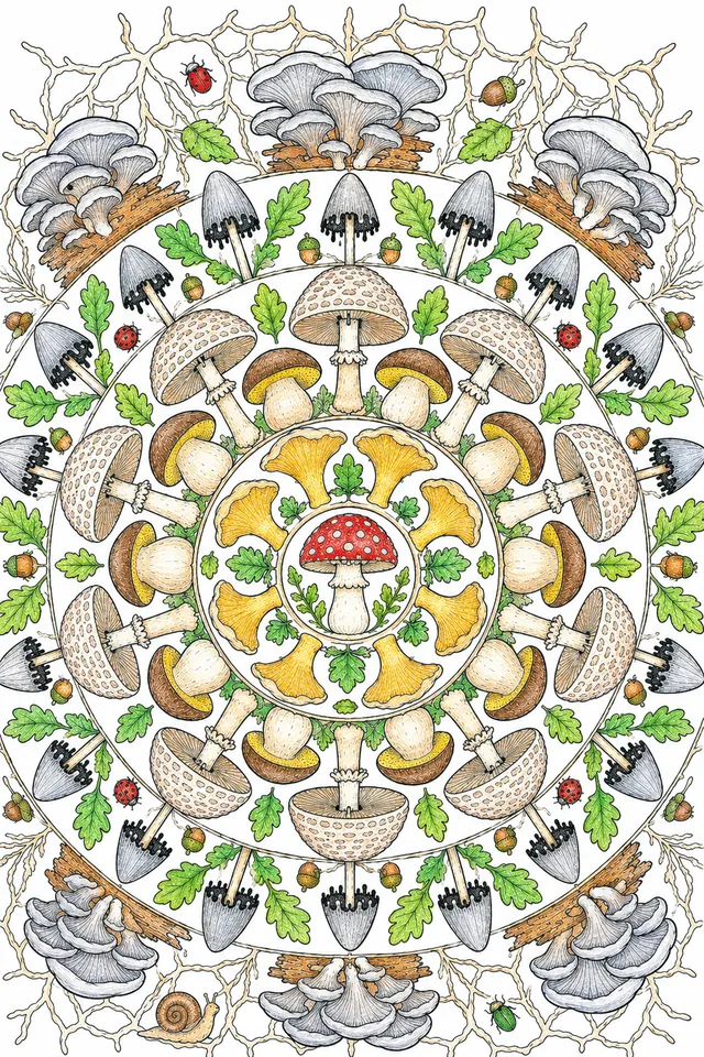 Ausmalbild: Detailliertes Pilz-Mandala mit Fliegenpilz-Zentrum und 6 konzentrischen Pilzarten-Ringen