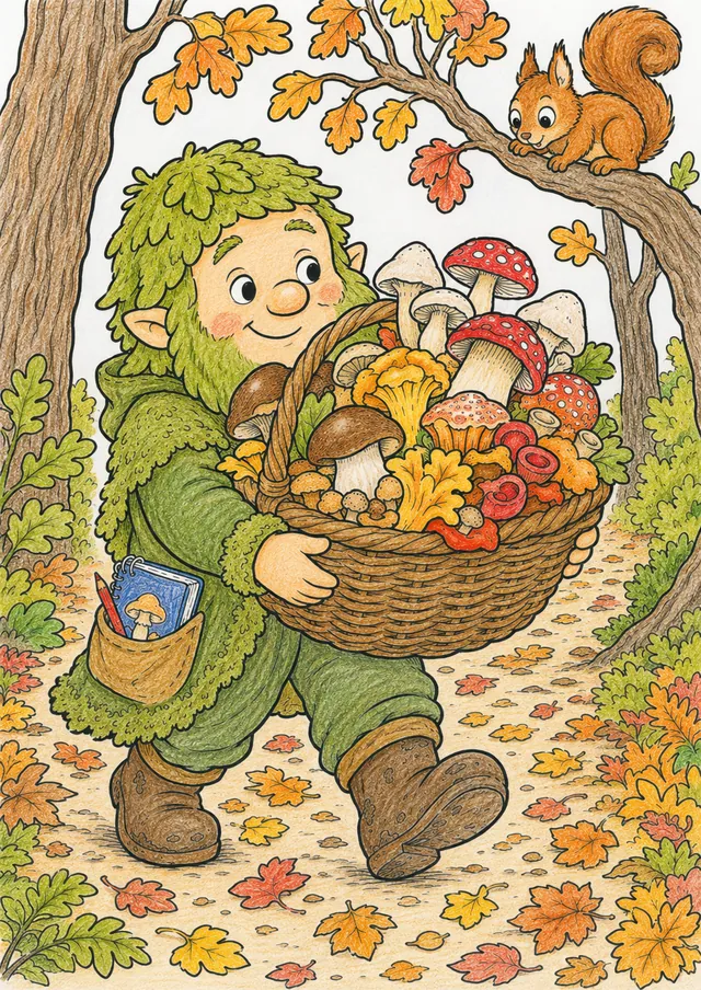 Herbst-Pilzsammlerin-Geist kehrt mit übervoll-gefülltem Waldkorb nach Hause – So könnte es aussehen