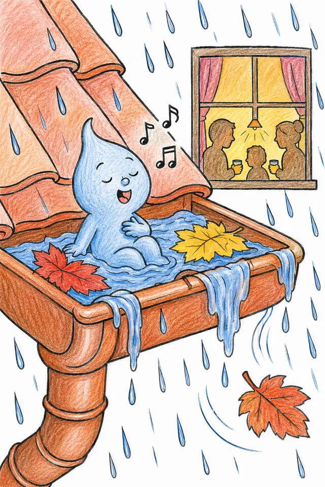 Ausmalbild: Kleiner Regen-Geist sitzt in Herbst-Dachrinne und singt im Regen