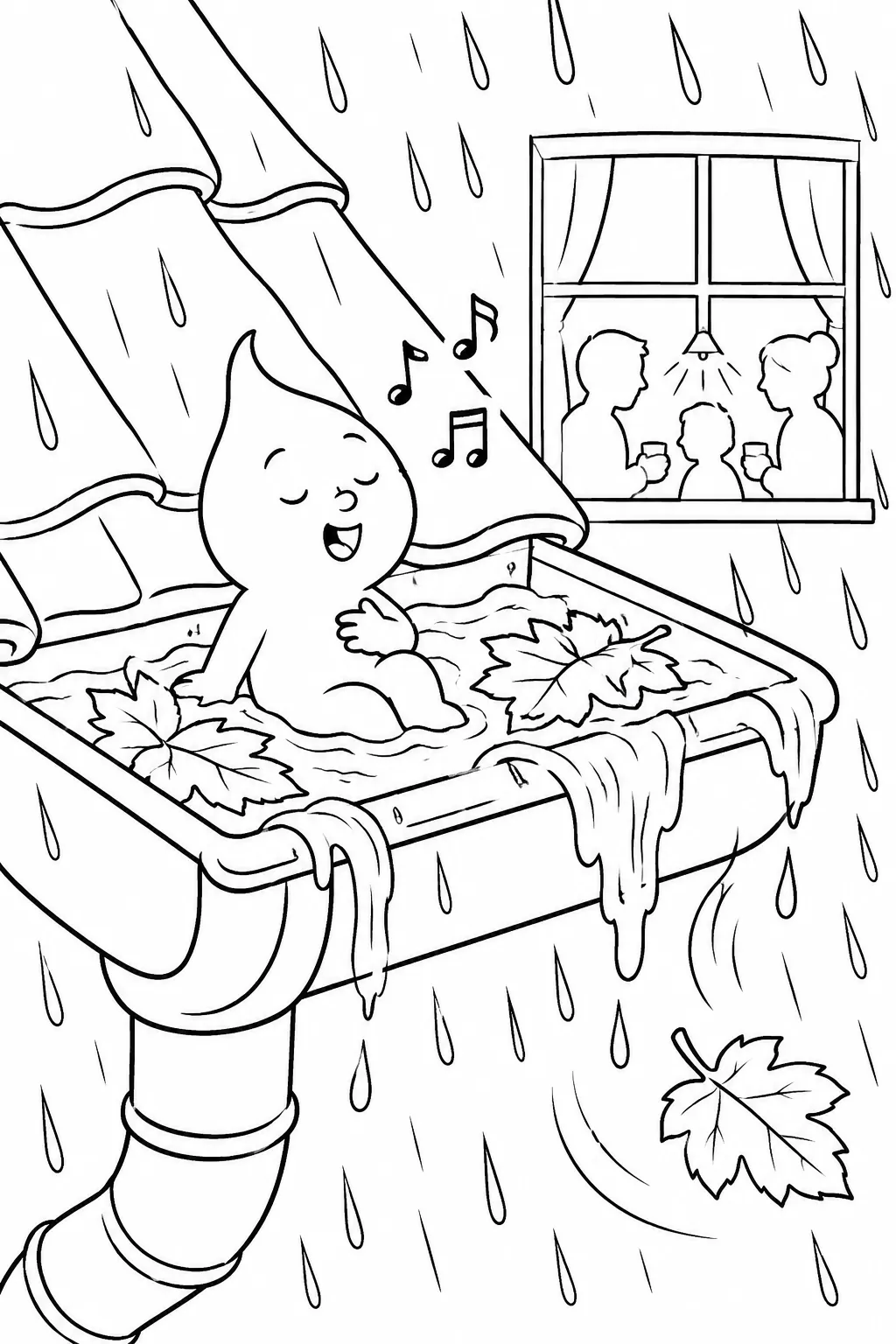 Ausmalbild: Kleiner Regen-Geist sitzt in Herbst-Dachrinne und singt im Regen