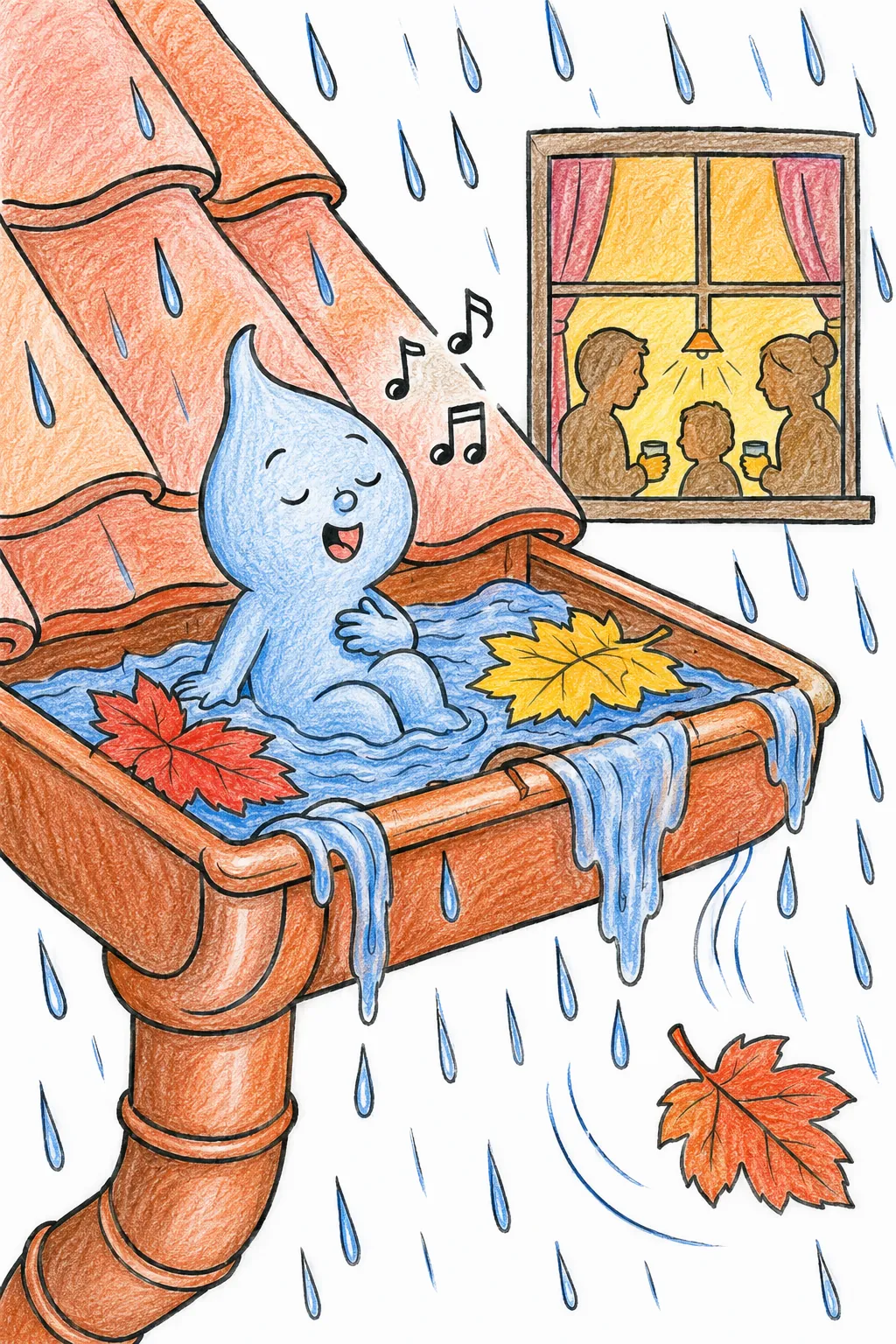 Herbst-Regen-Geist singt in der Dachrinne sein melancholisches Herbstlied