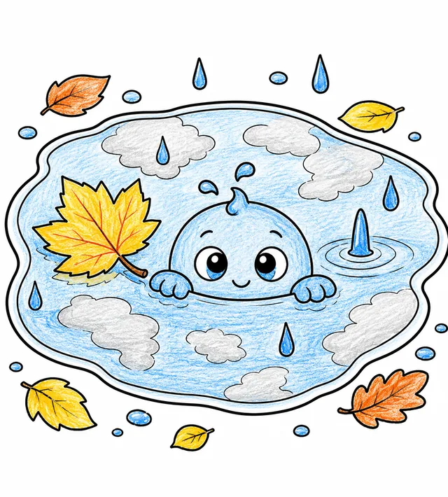 Ausmalbild: Kleiner Pfützen-Geist schaut mit großen Augen und Händen aus einer Herbstpfütze
