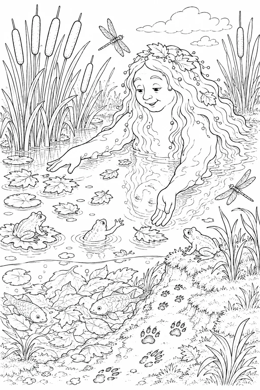 Ausmalbild: Herbst-Teich-Geist an der Wasseroberfläche mit Rohrkolben in Herbststimmung