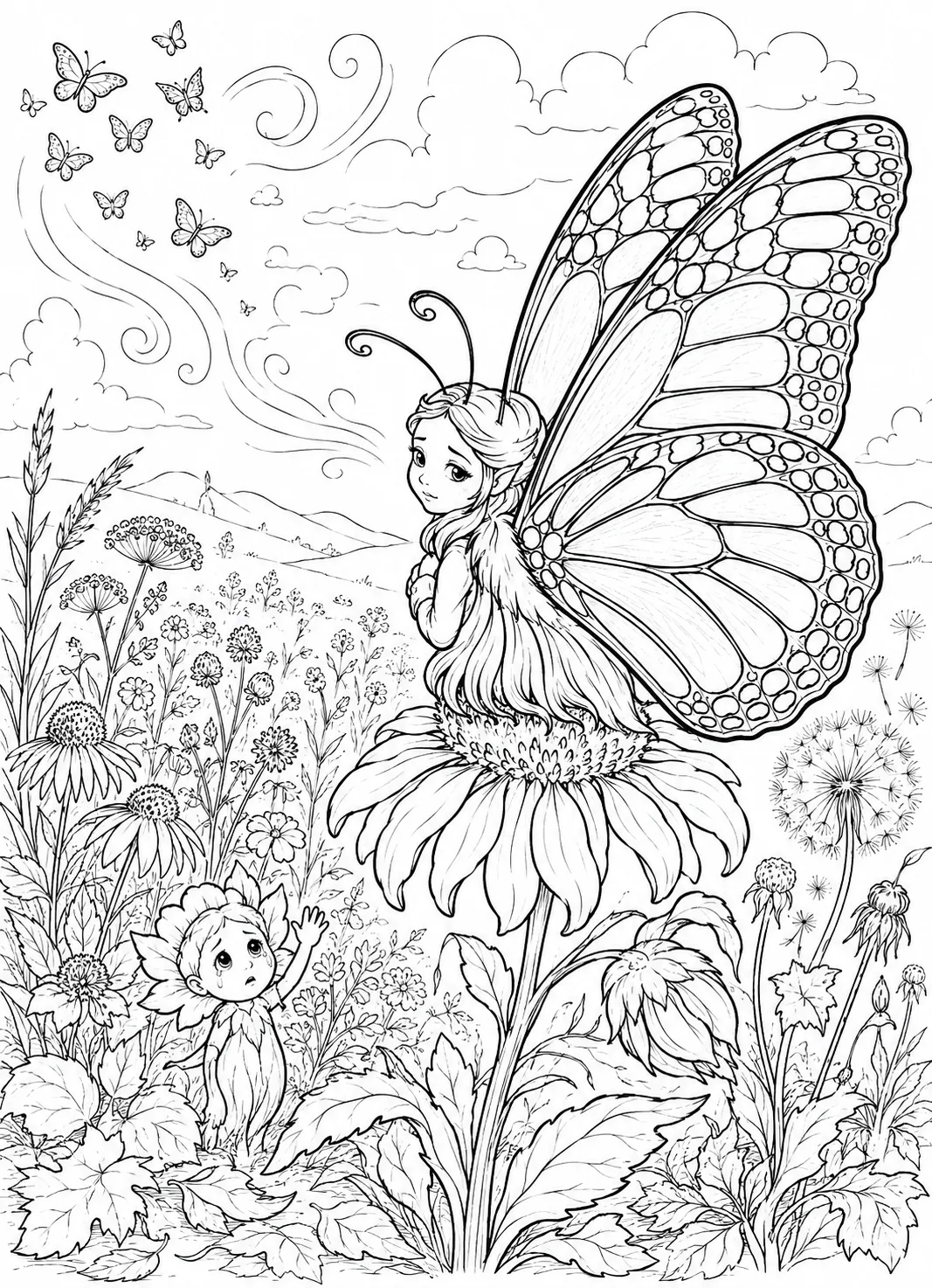 Coloring page: butterfly spirit sitting on last autumn flower looking wistfully back at meadow