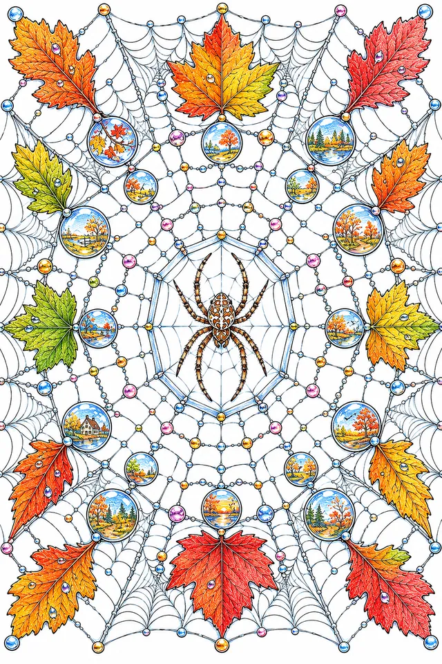Ausmalbild: Herbst-Spinnweb-Mandala mit 8-facher Symmetrie Tautropfen und Herbstblättern