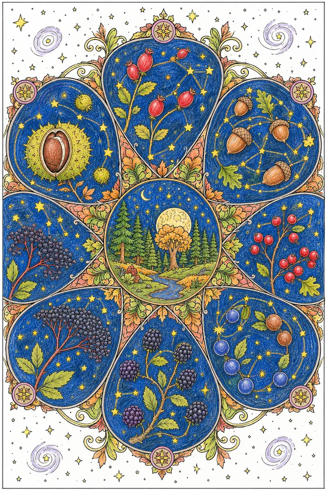 Ausmalbild: Herbst-Frucht-Sternkarte-Mandala mit 7 Fruchtarten als kosmische Konstellationen