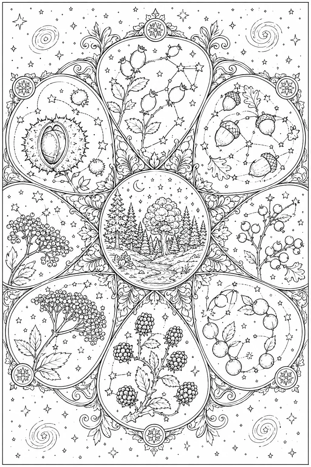 Ausmalbild: Herbst-Frucht-Sternkarte-Mandala mit 7 Fruchtarten als kosmische Konstellationen