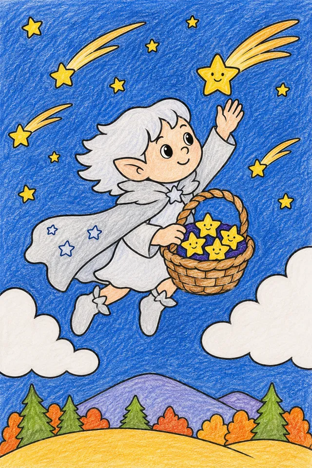 秋天星星收集精灵在秋天夜空中捕捉流星 – 涂色效果预览