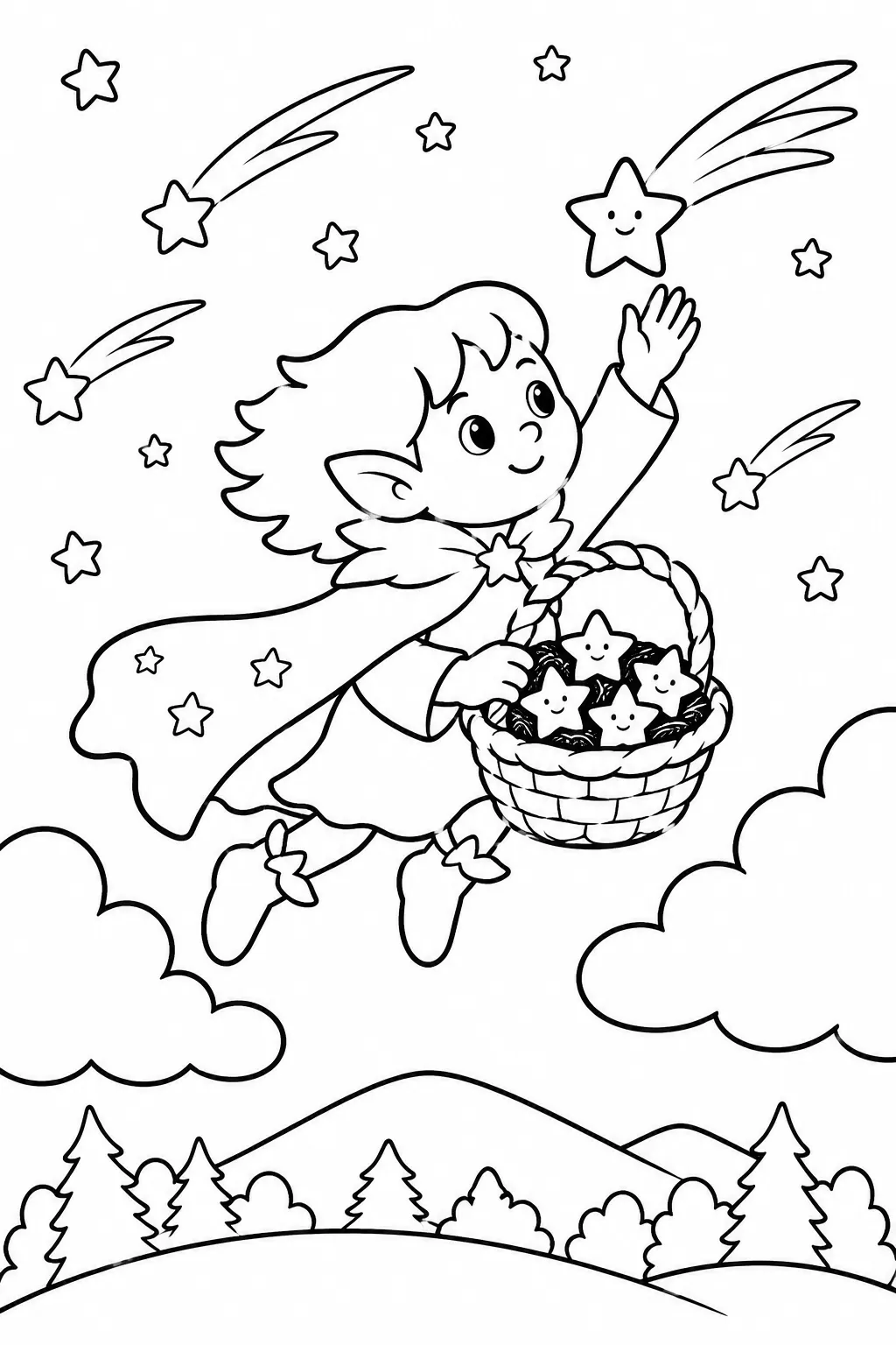 涂色页：银白色精灵在黑暗的秋天夜空中跳跃捕捉流星