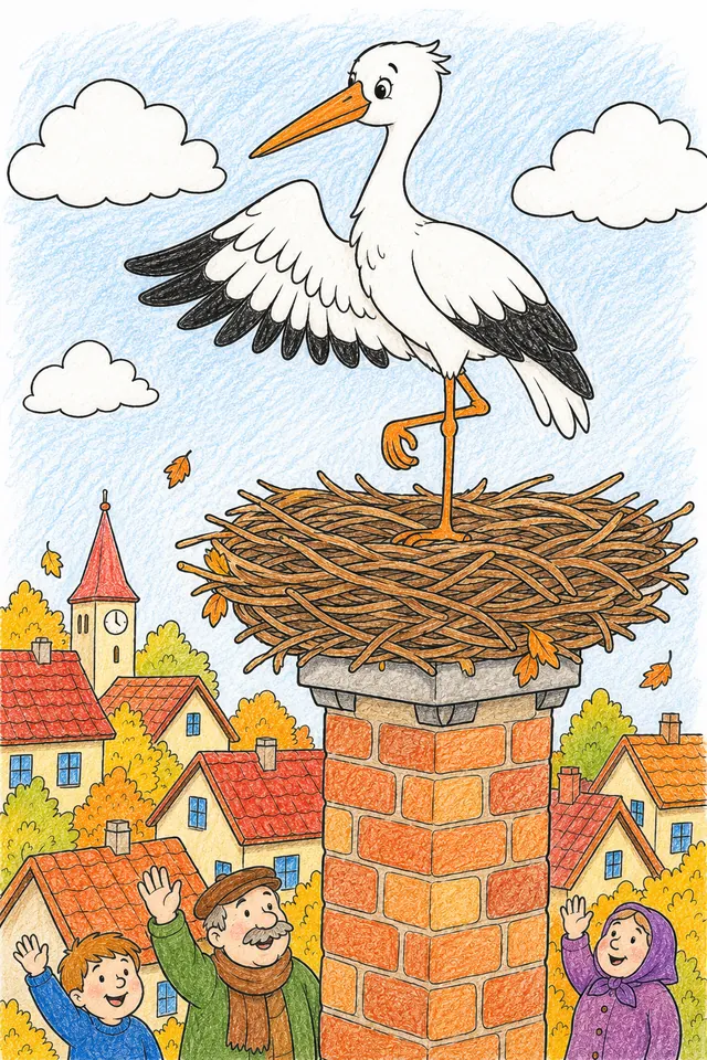 Ausmalbild: Storch-Geist im Schornsteinnest verabschiedet sich vom Herbst-Dorf unten