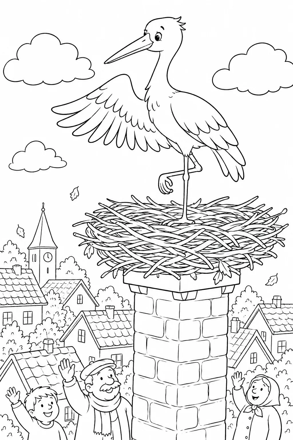 Ausmalbild: Storch-Geist im Schornsteinnest verabschiedet sich vom Herbst-Dorf unten