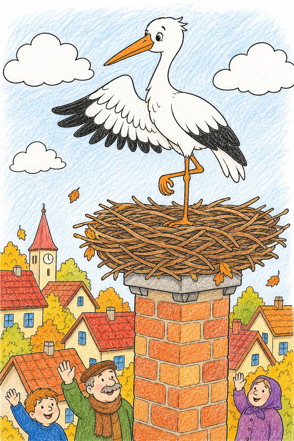Herbst-Storch-Geist verabschiedet sich feierlich von seinem Nistplatz auf dem Schornstein